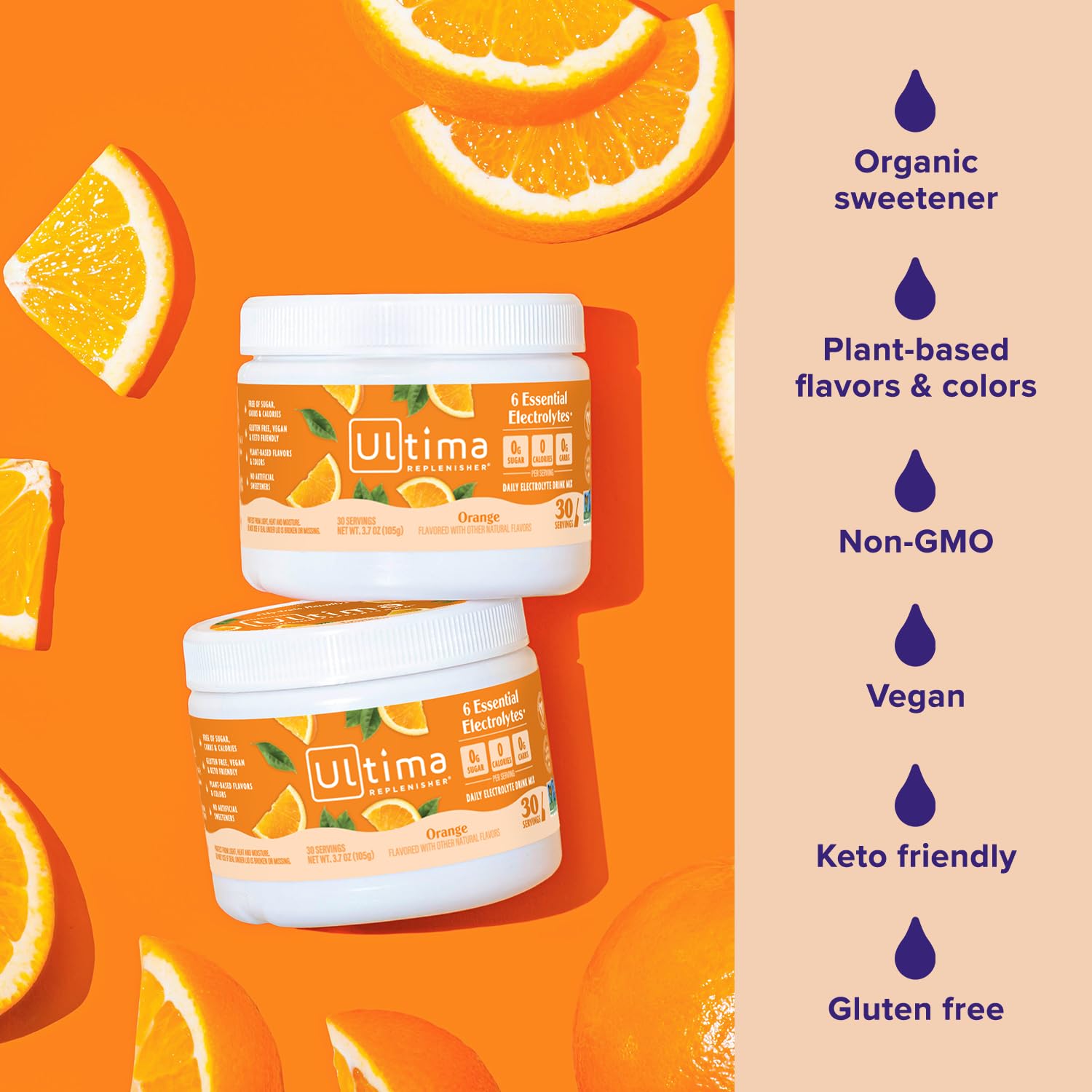 Glass of prepared Ultima Replenisher orange drink poured for quick hydration