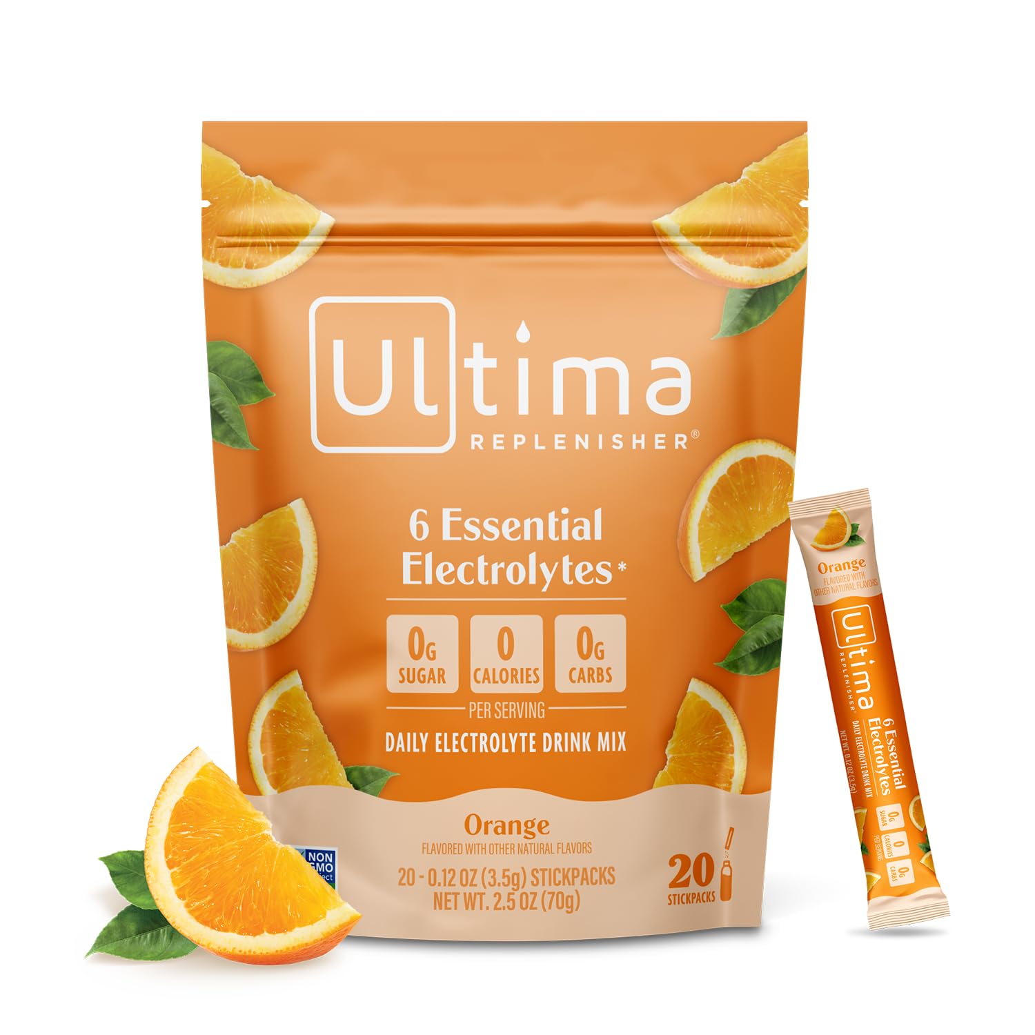 Ultima Replenisher frente del paquete muestra 20 sobres y portable