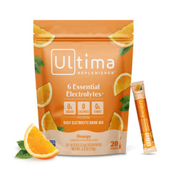 Ultima Replenisher frente del paquete muestra 20 sobres y portable