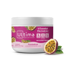 Ultima Replenisher canister front showing passionfruit flavor and 30 servings