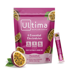 Ultima Replenisher front packaging showing passionfruit stickpacks and benefits