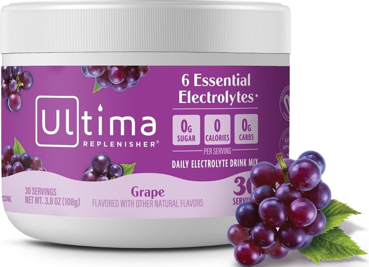 Ultima Replenisher bote frontal mostrando sabor uva y formato 30 servicios