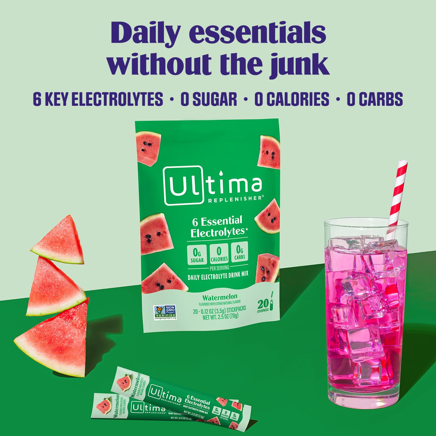 Ultima Replenisher single stickpack close-up emphasizing easy tear-and-mix use