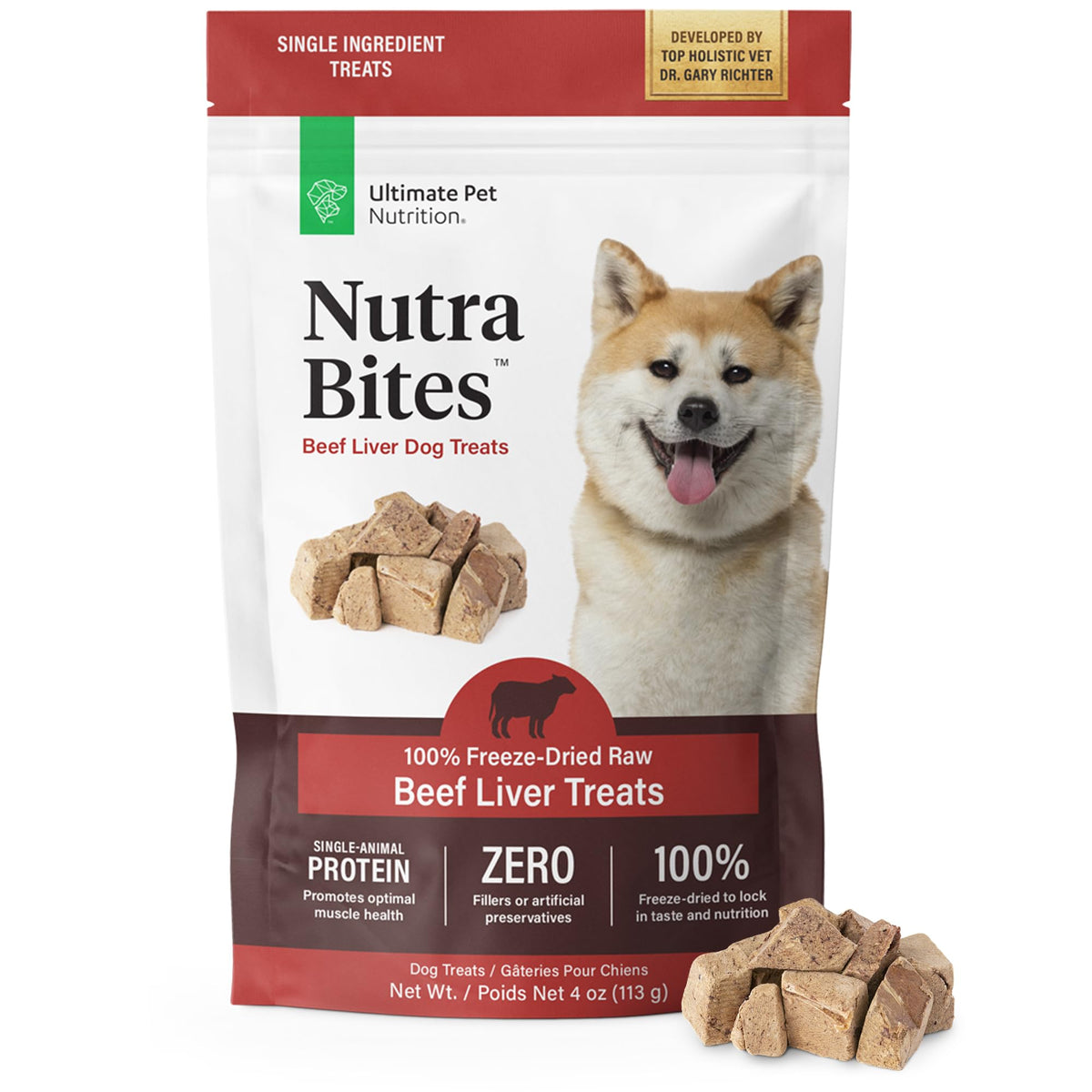 ULTIMATE PET NUTRITION empaque frontal mostrando bocaditos, conveniencia visual