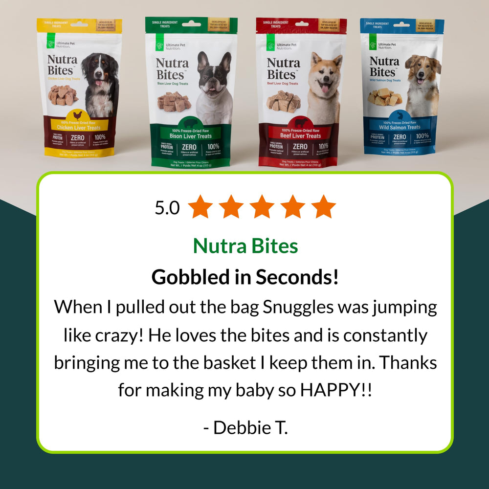 ULTIMATE PET NUTRITION hígado crudo y liofilizado juntos, muestra ingrediente único