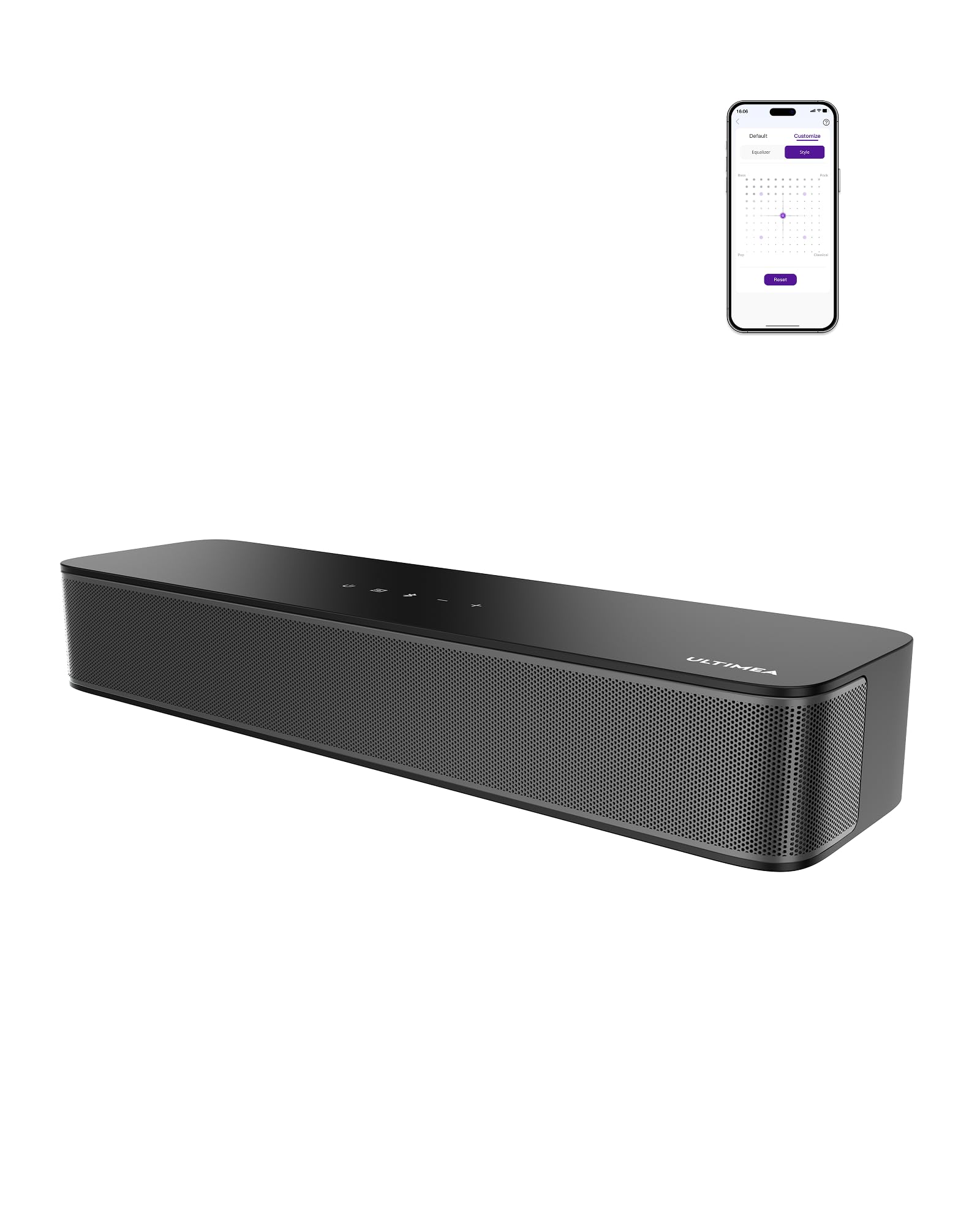 ULTIMEA barra frontal mostrando altavoces y diseño compacto mejora sonido