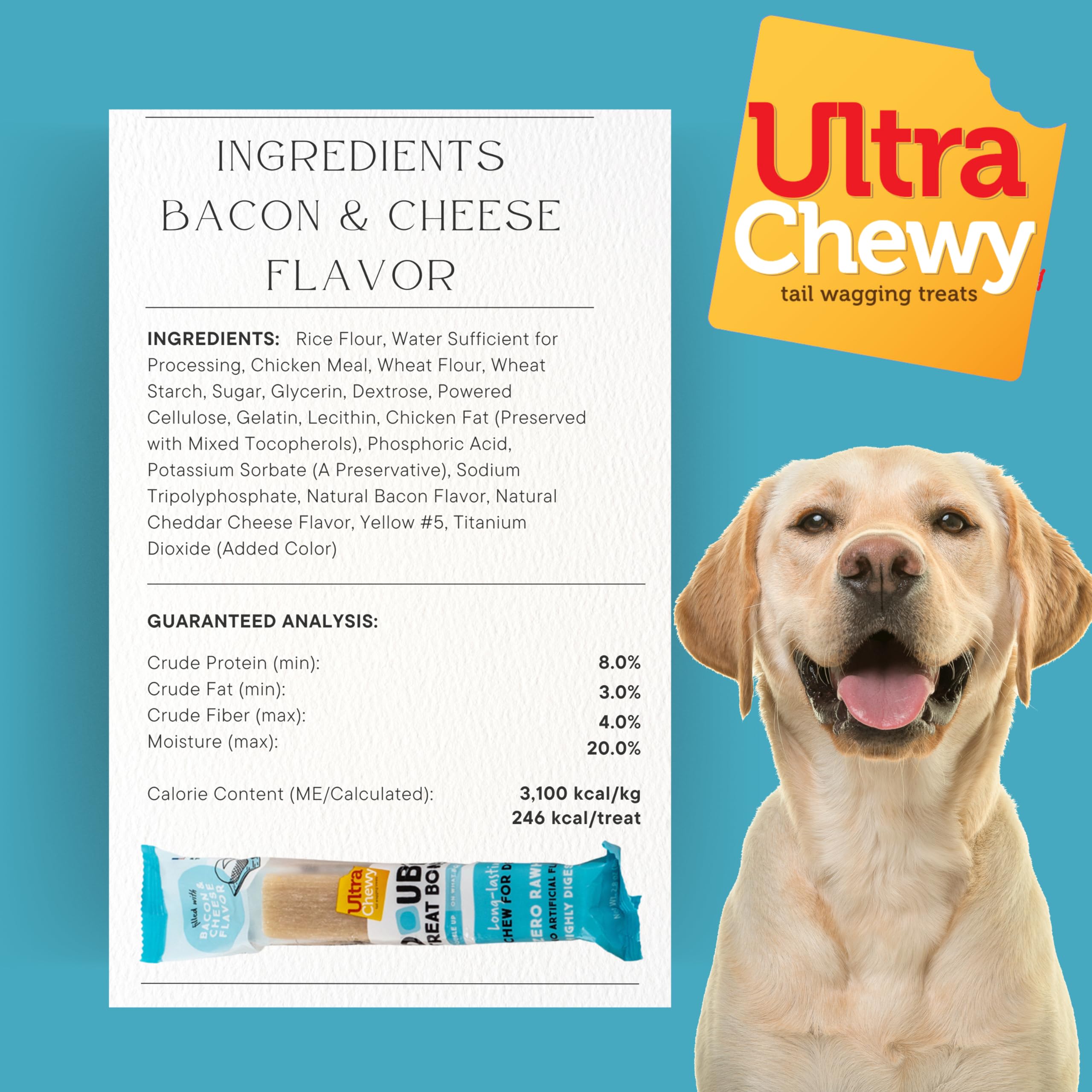 Ultra Chewy closeup de la etiqueta con ingredientes y país de fabricación