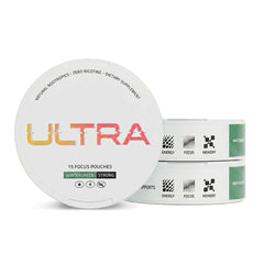 Ultra Pouches vista frontal de la lata mostrando la marca y diseño, portátil y discreto