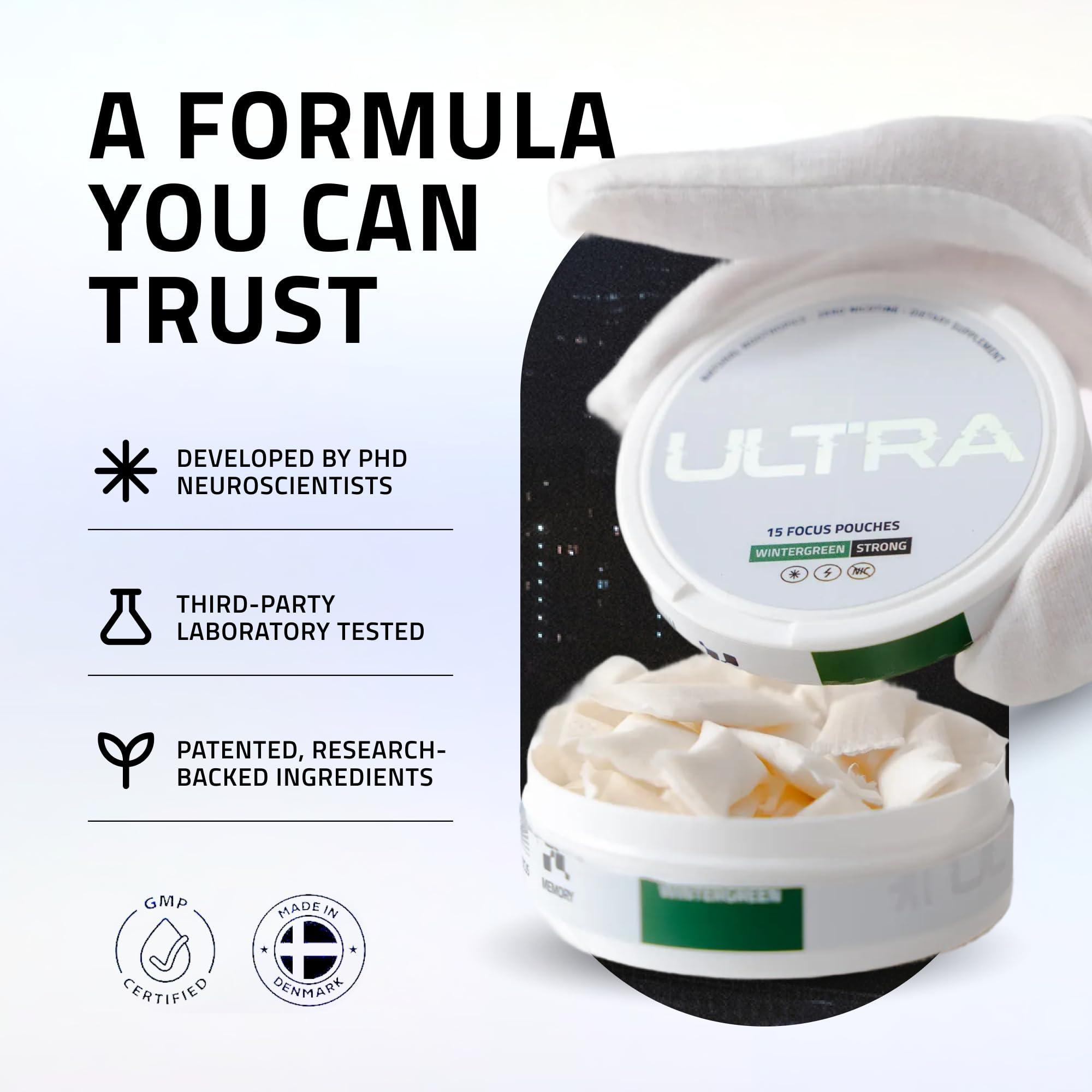 Ultra Pouches en escritorio mientras se trabaja, enfoque mejorado sin cafeína