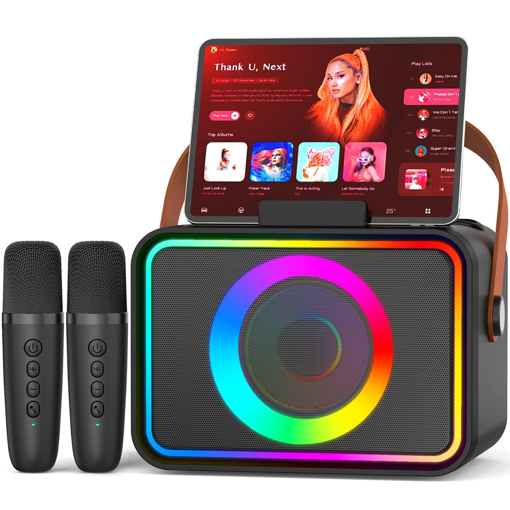 ultramic vista frontal del karaoke con altavoz y panel visible, mejora la diversión
