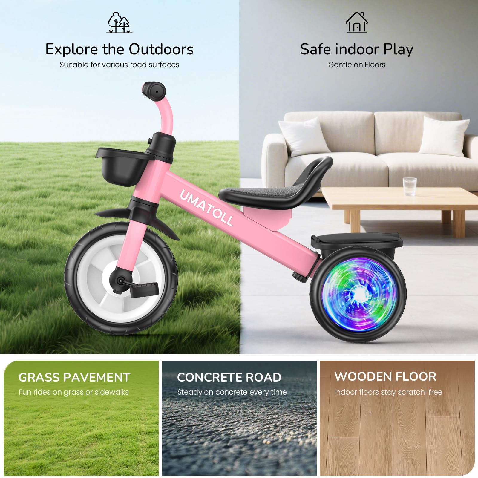 Umatoll triciclo en patio familiar ideal para paseos seguros