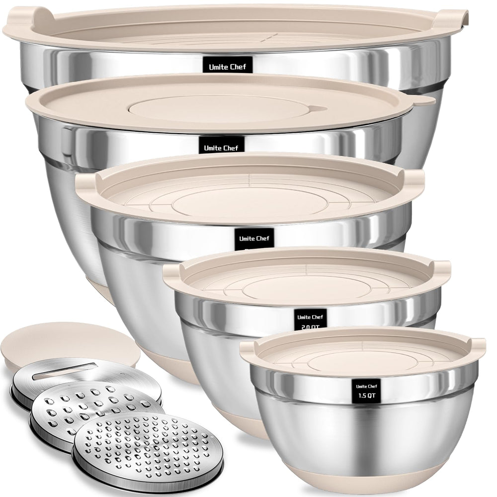 Umite Chef vista frontal del set completo mostrando tapas y boles, almacenamiento eficiente