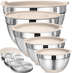 Umite Chef vista frontal del set completo mostrando tapas y boles, almacenamiento eficiente