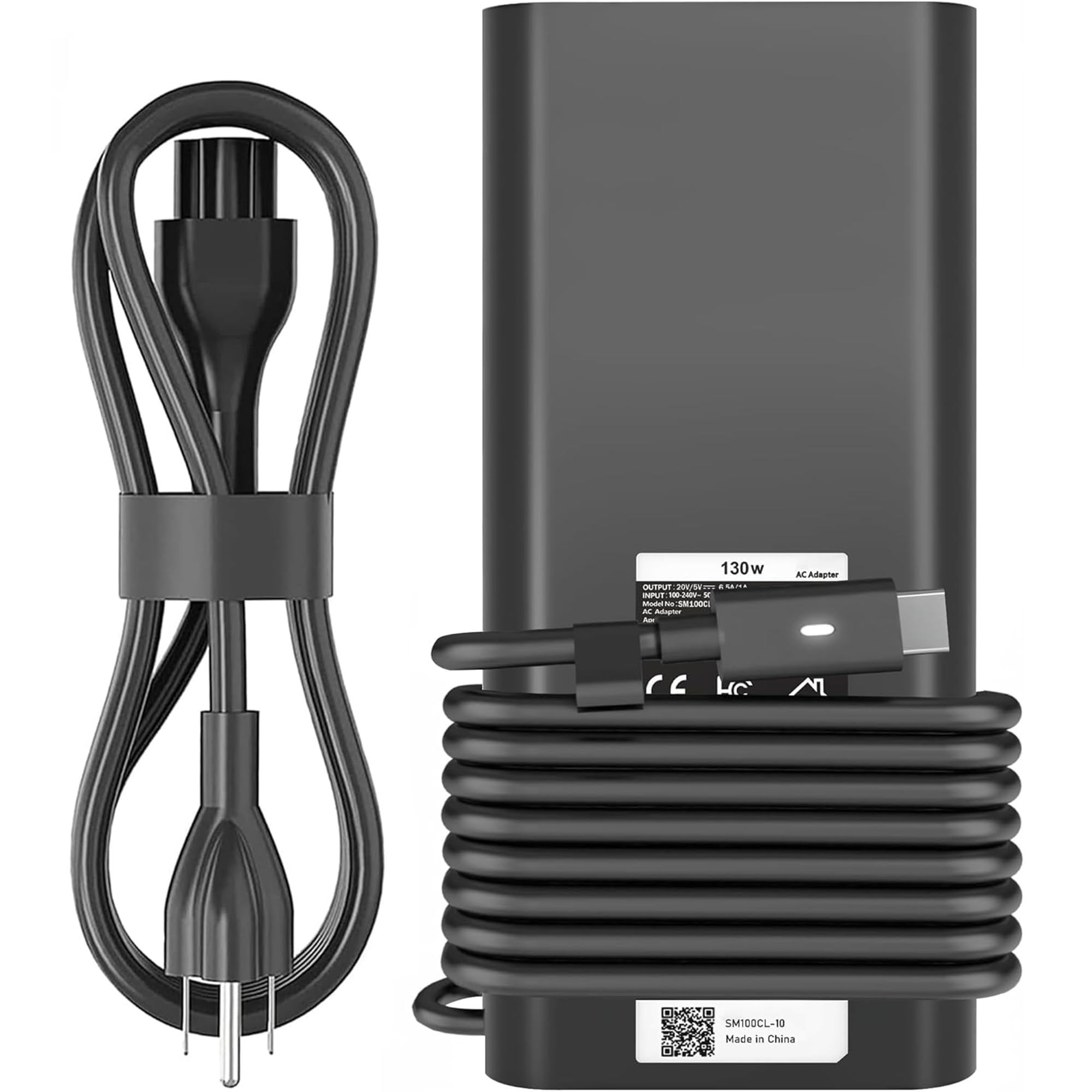 UNAWUDOH adaptador 130W frontal mostrando diseño oval y puerto USB-C, fiabilidad visible