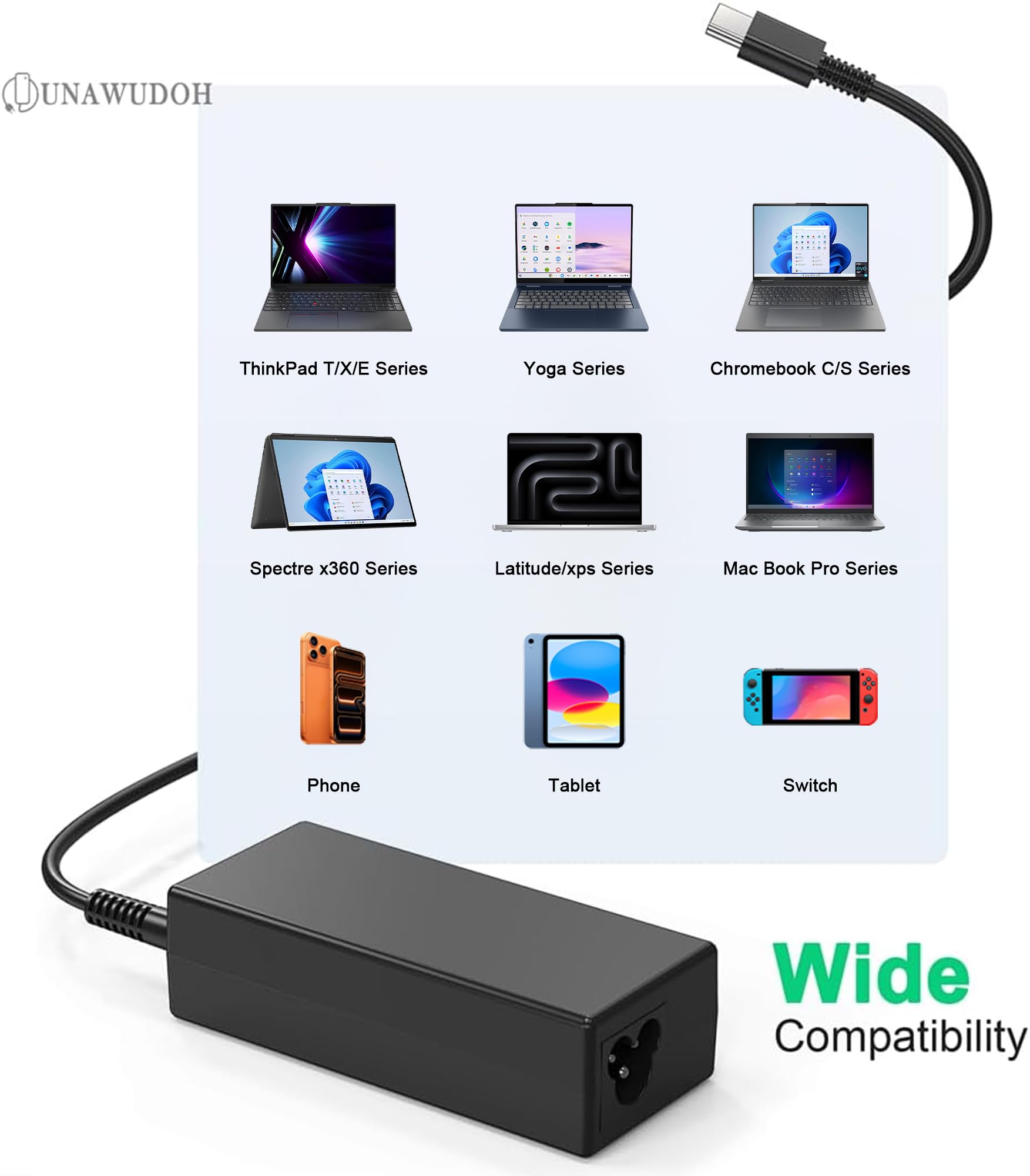 UNAWUDOH cargador conectando un portátil Lenovo, carga rápida y estable