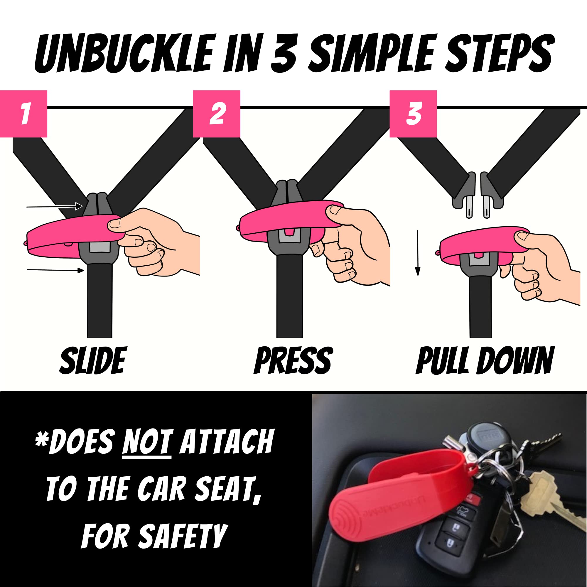 UnbuckleMe comparación de tamaño junto a una mano para evaluar portabilidad y control