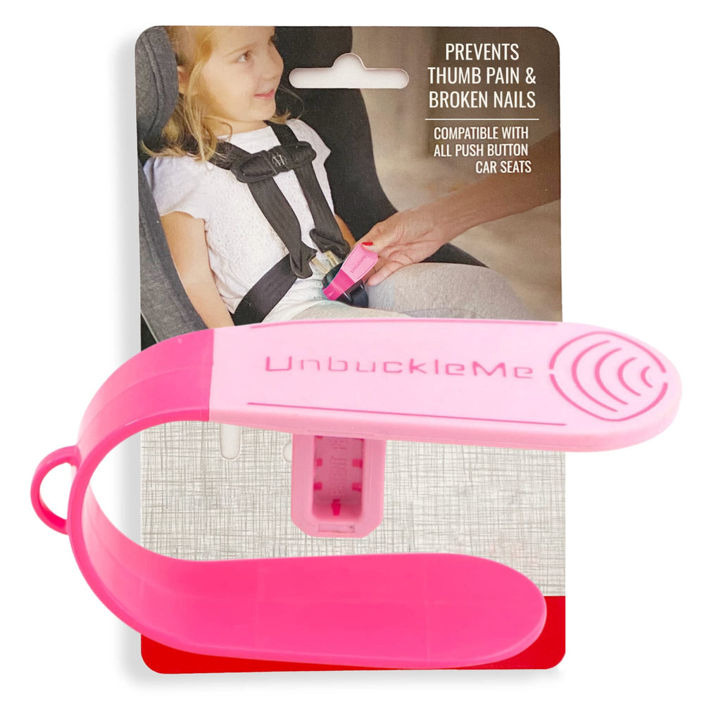 UnbuckleMe vista frontal del empaque rosa mostrando la herramienta y beneficio de facilidad