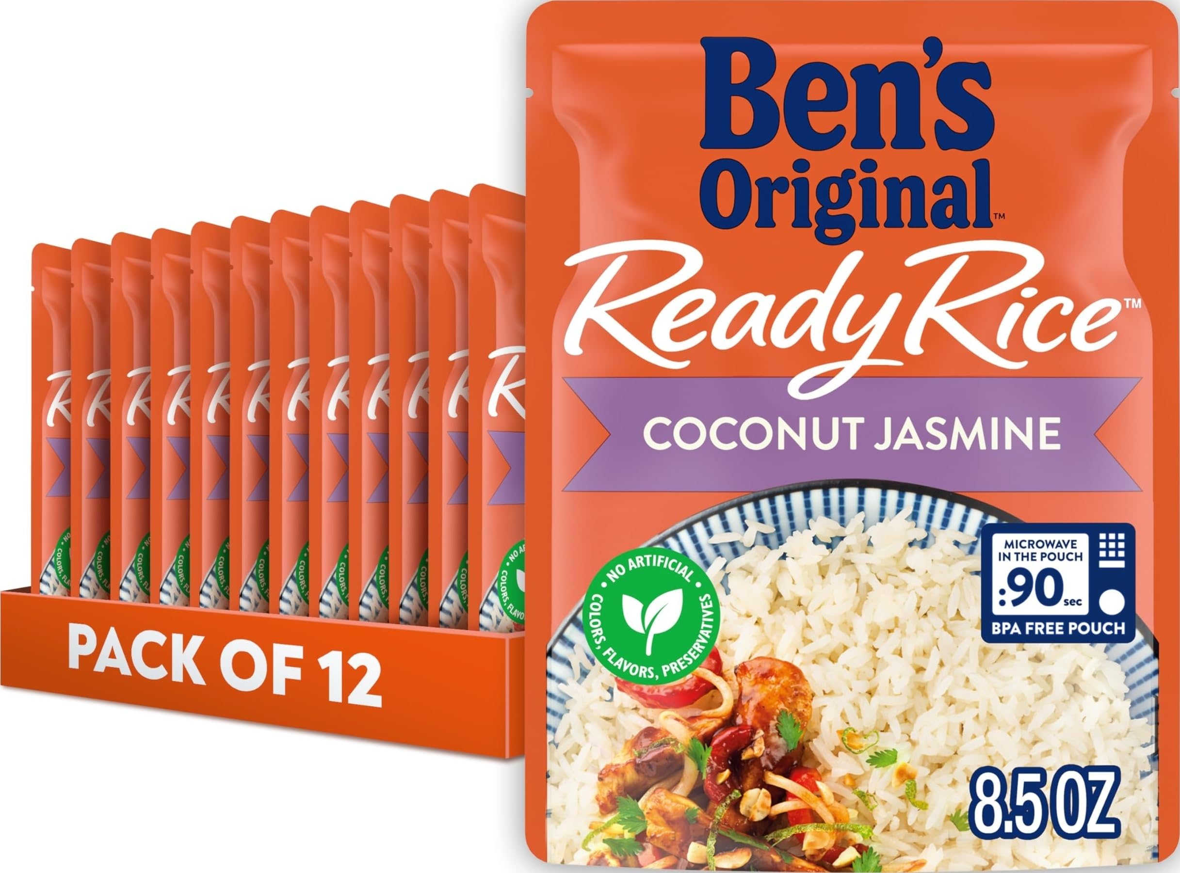 UNCLE BEN'S paquete frontal mostrando arroz coco jazmín y uso práctico