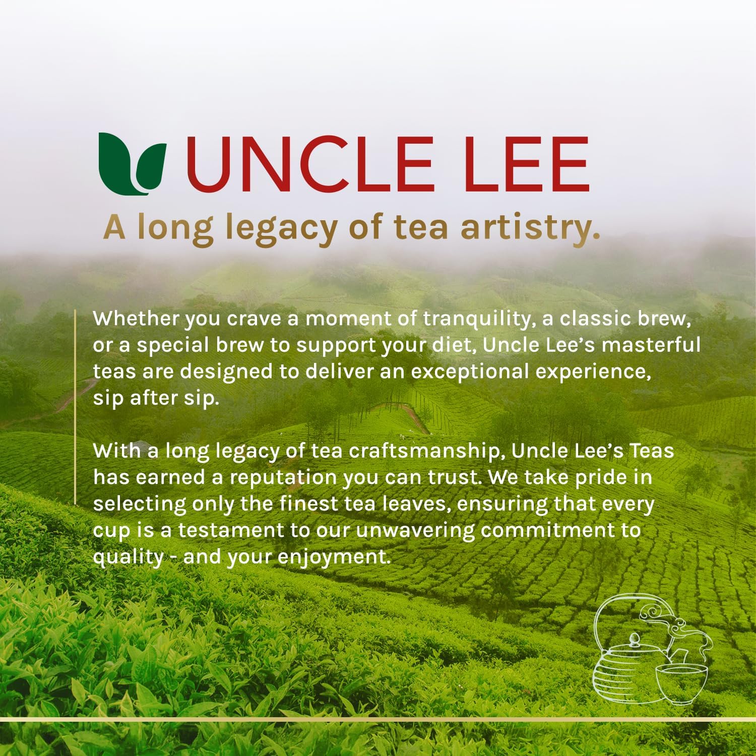 Uncle Lee's Tea ambiente de cocina con la infusión sirviéndose y relajación