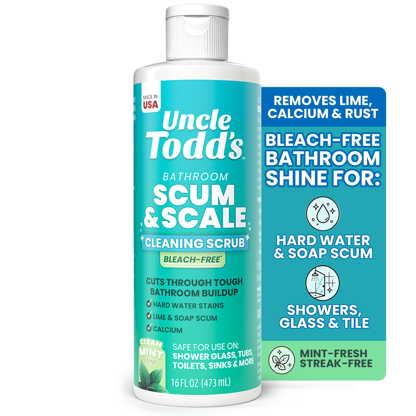 Uncle Todd's frontal del envase mostrando tamaño y etiqueta, práctico en baños