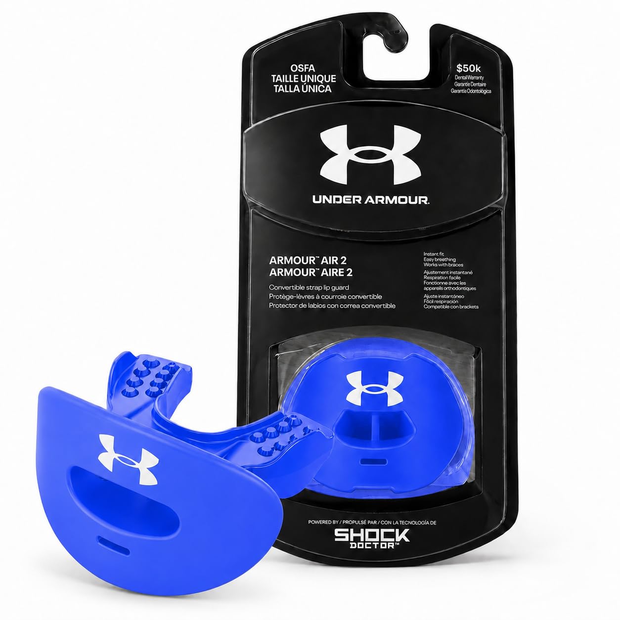 Under Armour protector bucal vista frontal que muestra cobertura completa y ajuste instantáneo