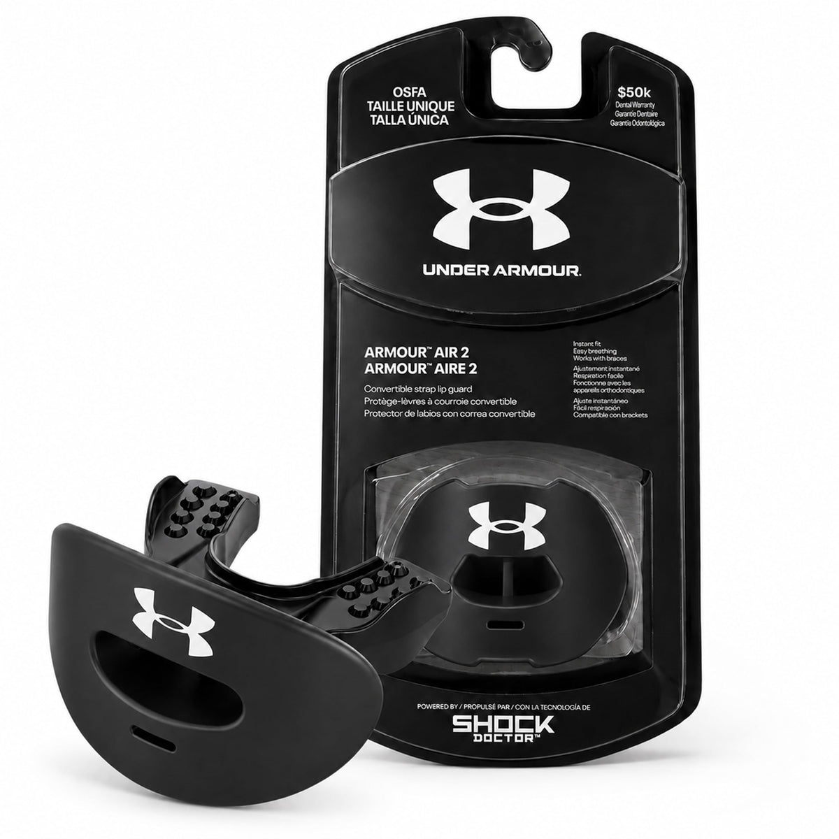 Under Armour vista frontal del empaque que explica usos y beneficios