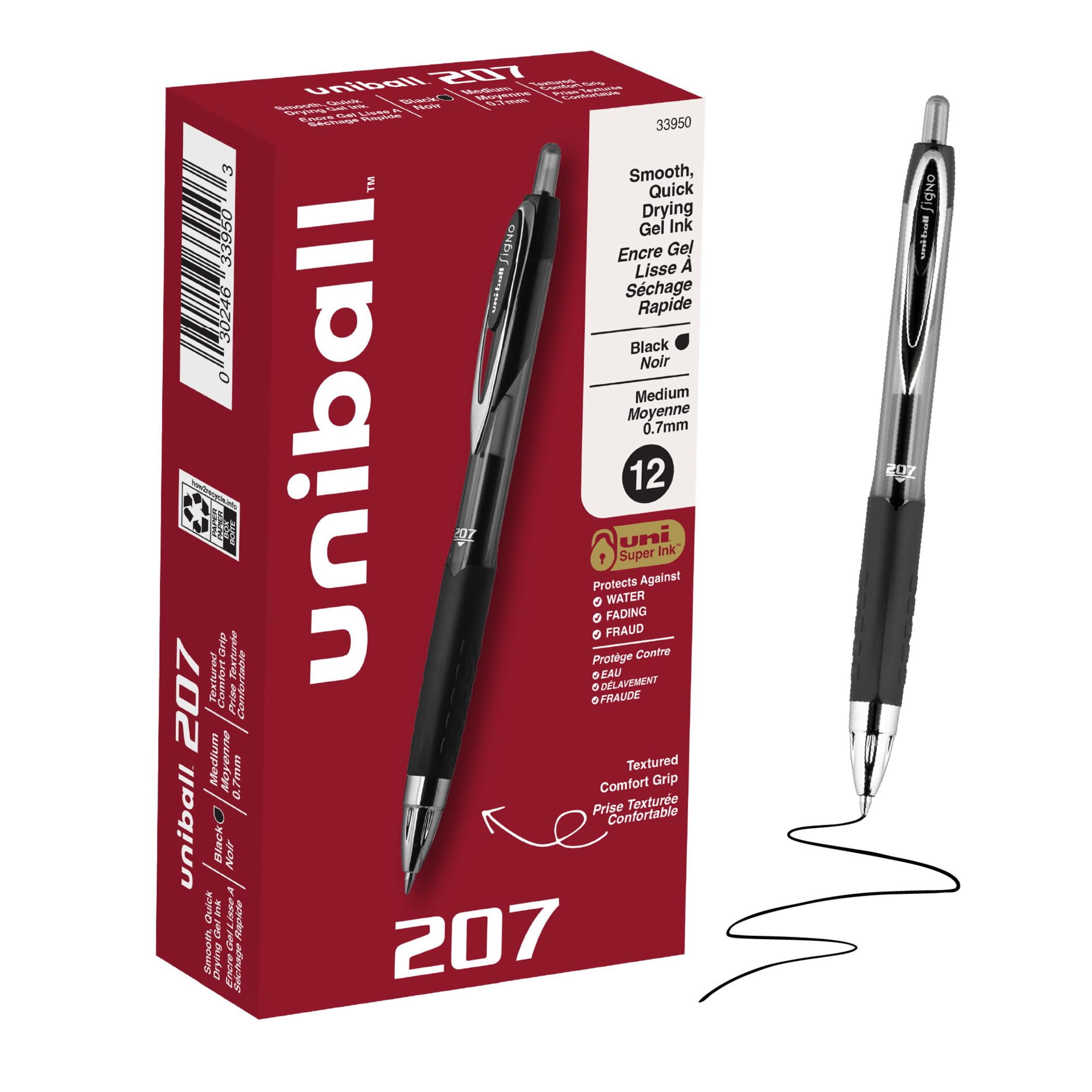 uniball 207 frontal del paquete mostrando los 12 bolígrafos y orden