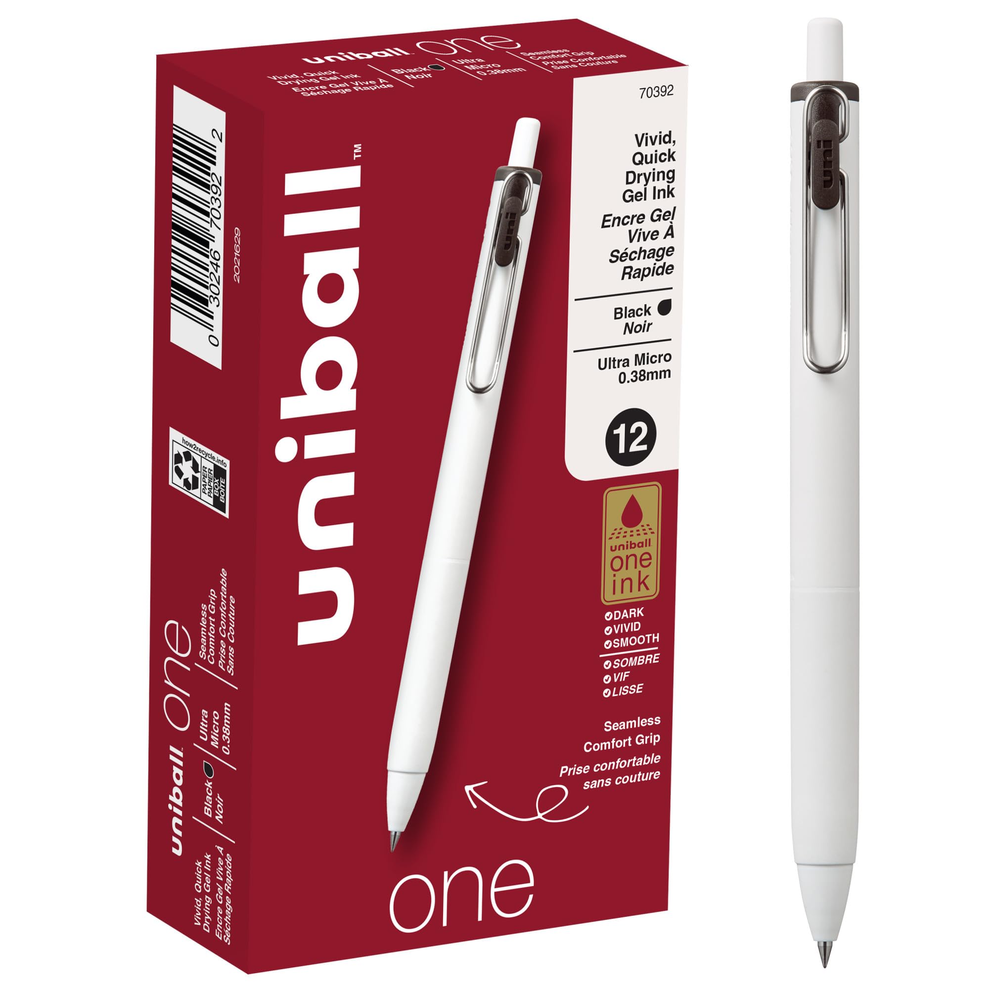 Uniball One pack frontal mostrando 12 bolígrafos y embalaje claro
