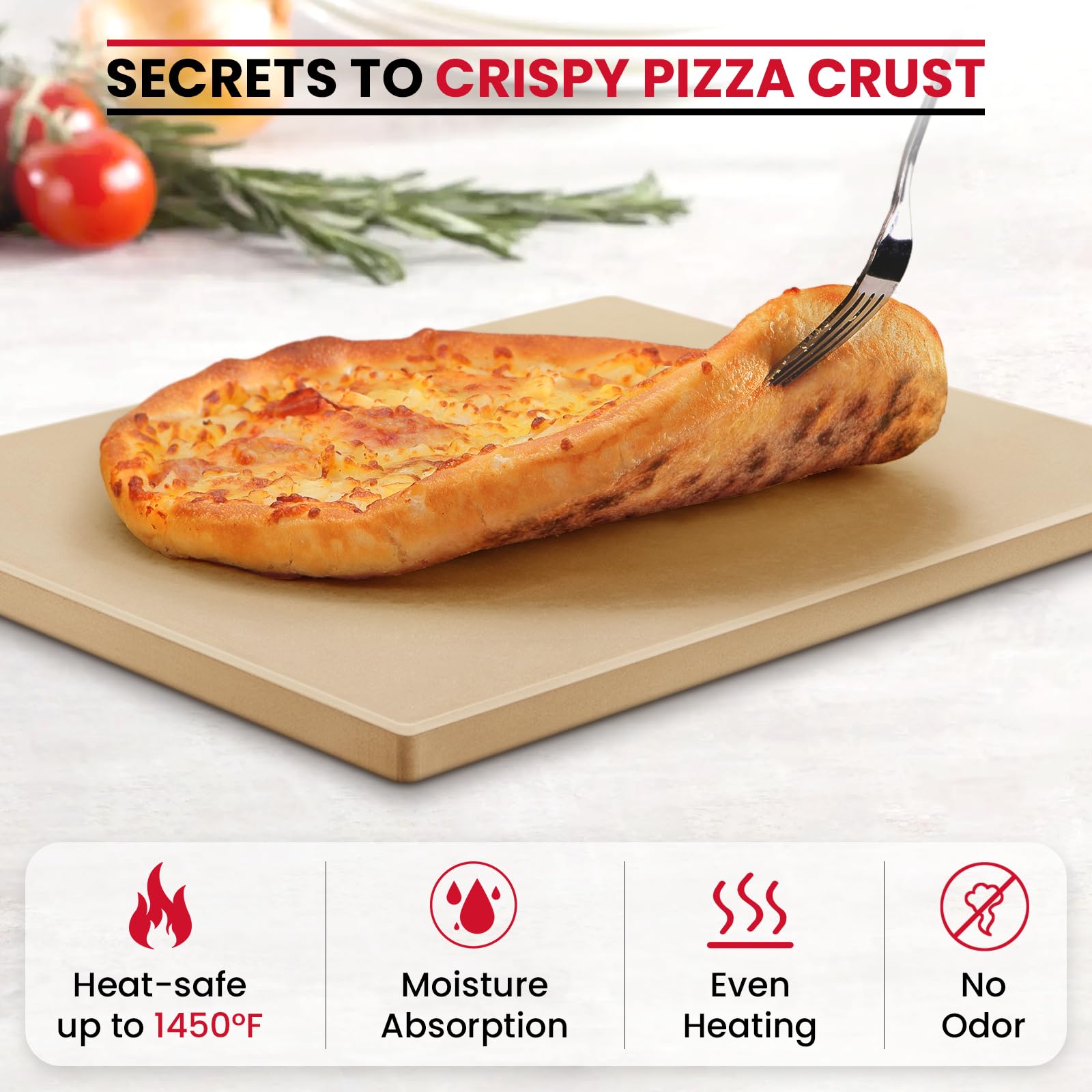 Unicook pizza on stone illustrating crisp bottom and evenly baked toppings