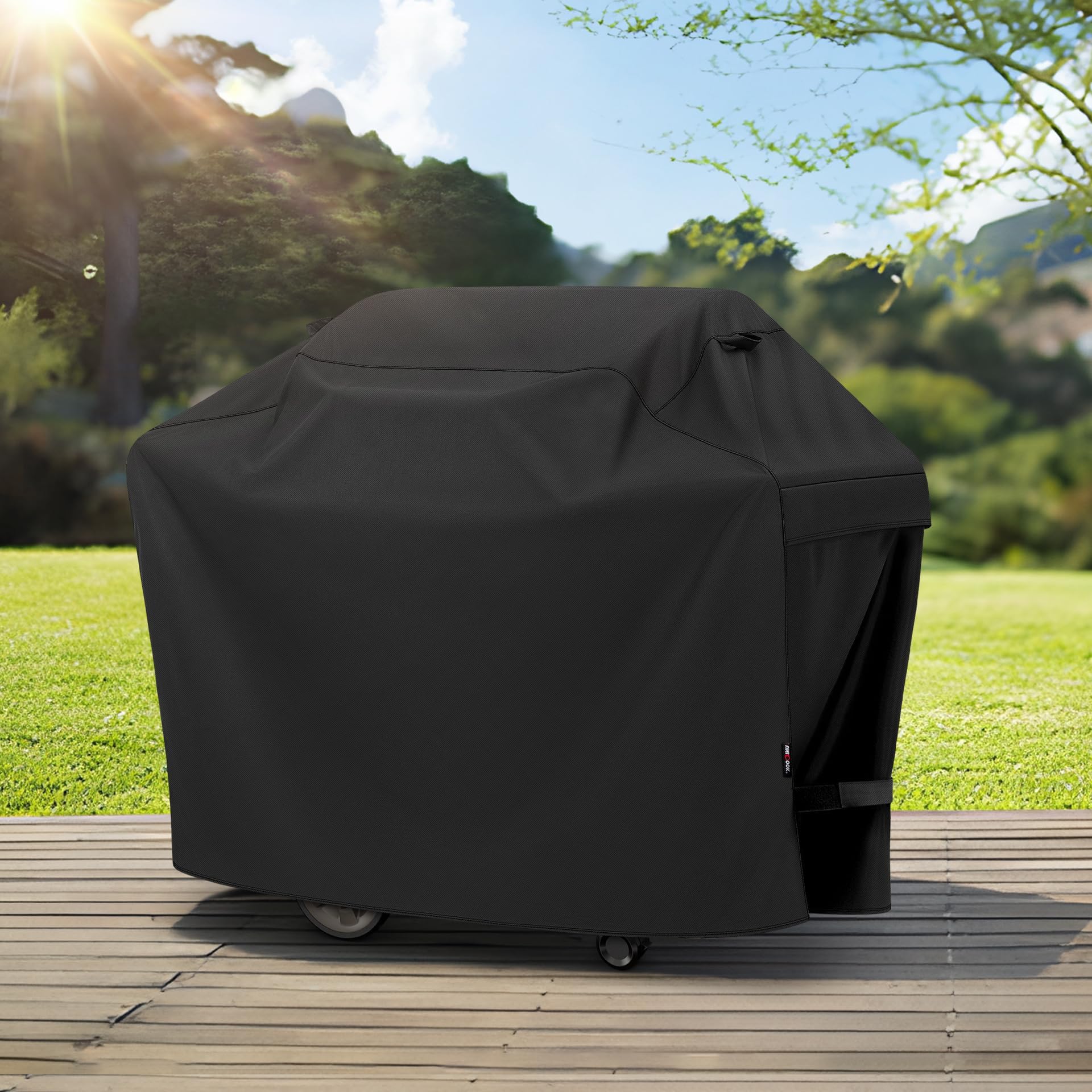 Unicook cover on patio in rain, demonstrates weather resistance