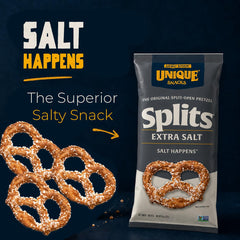 Unique Snacks pretzel en mano para comparar tamaño y crujido