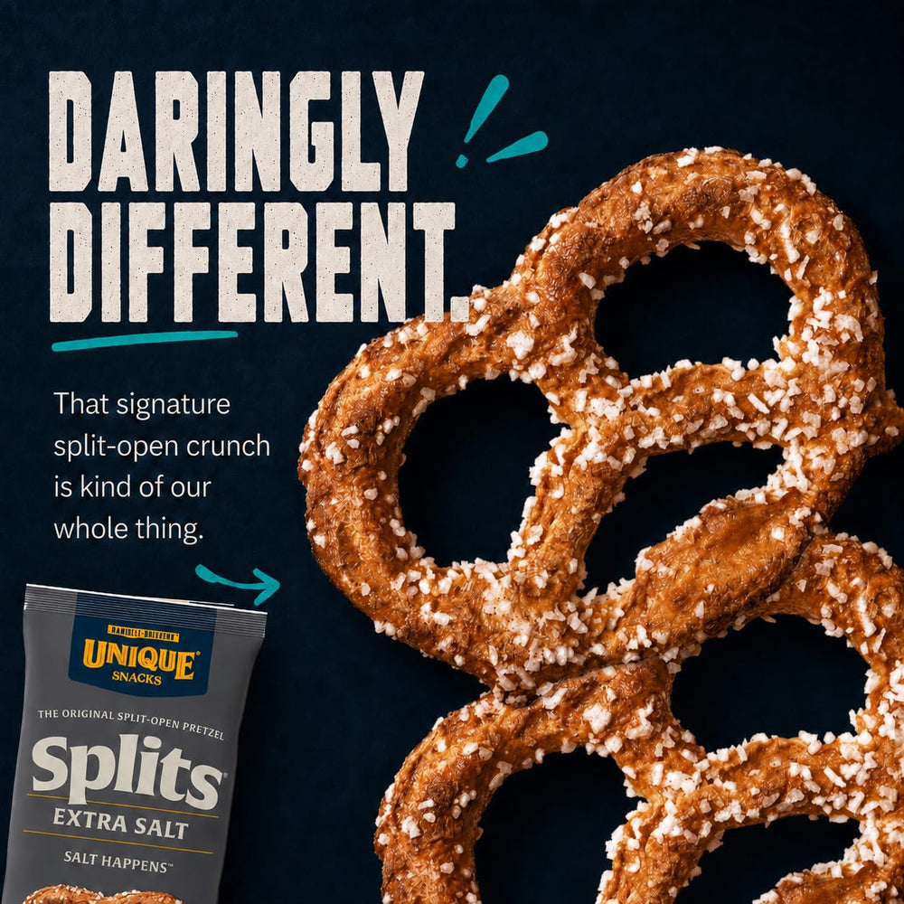 Unique Snacks primer plano de la textura partida y crujiente del pretzel
