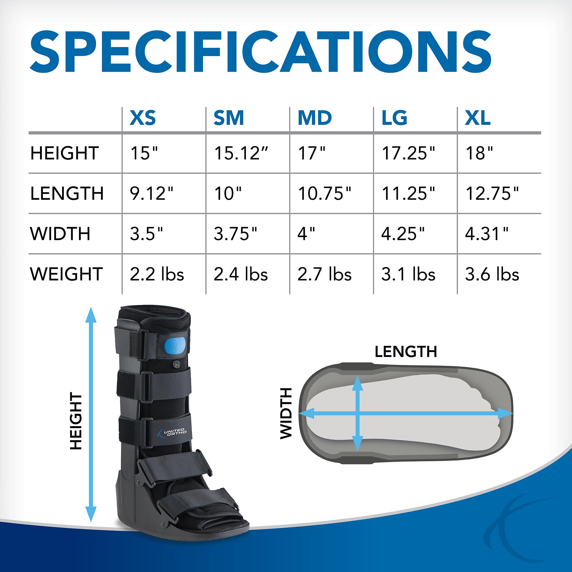 United Ortho comparación de tamaño junto a un zapato, guía visual de talla