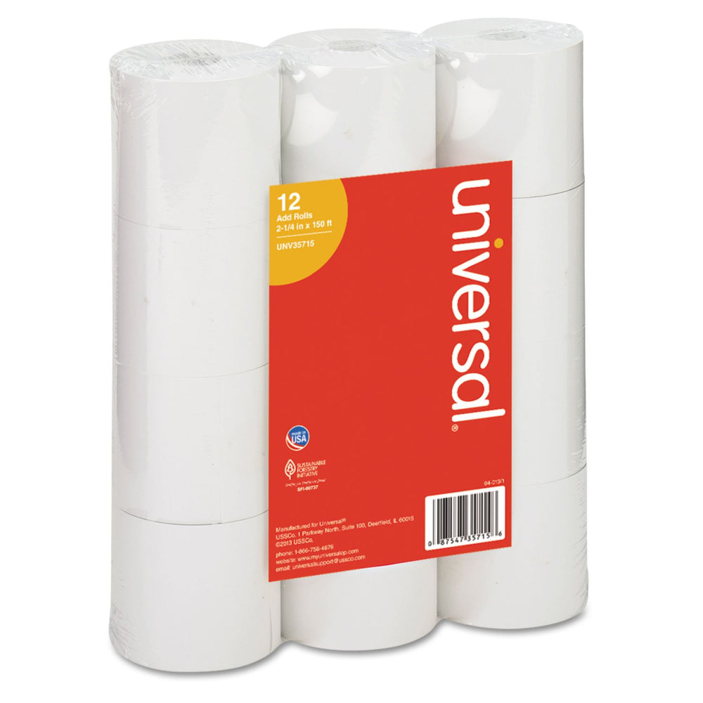 Universal empaque frontal del rollo 2-1/4" x 150 ft mostrando paquete de 12 y beneficio de suministro prolongado