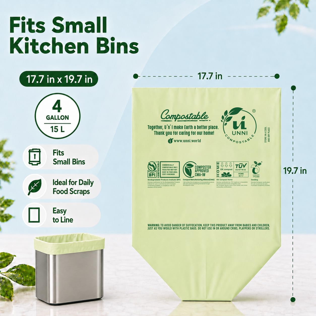 UNNI bolsa colocada en cubo de cocina facilitando recolección de residuos