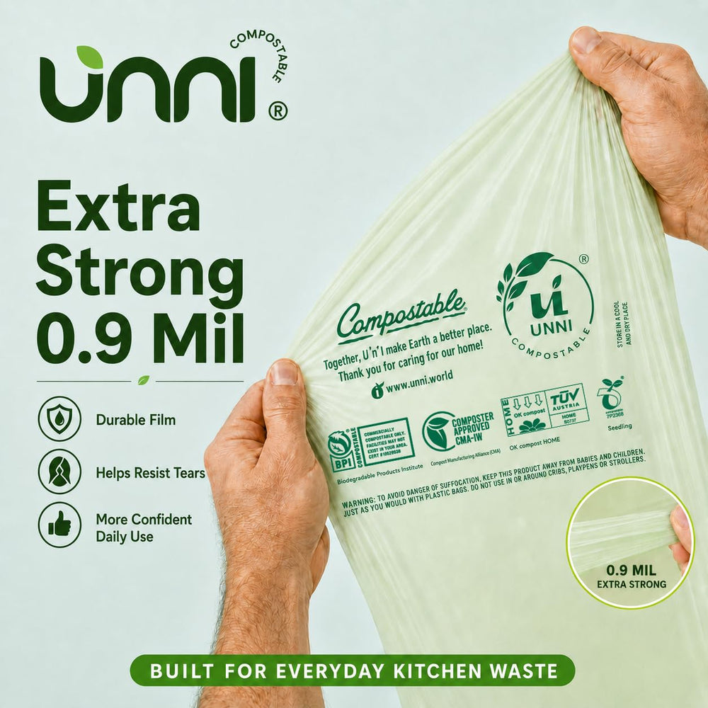 UNNI certification labels close-up showing compostable verification