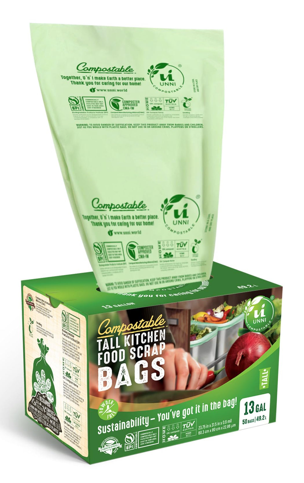 UNNI front packaging showing 13 gallon bags and benefits