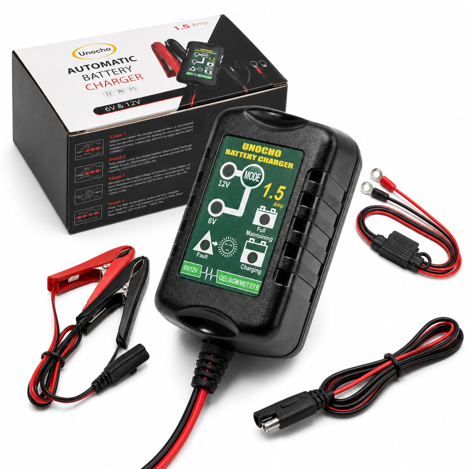 Unocho front view of charger showing compact housing and ports for easy storage