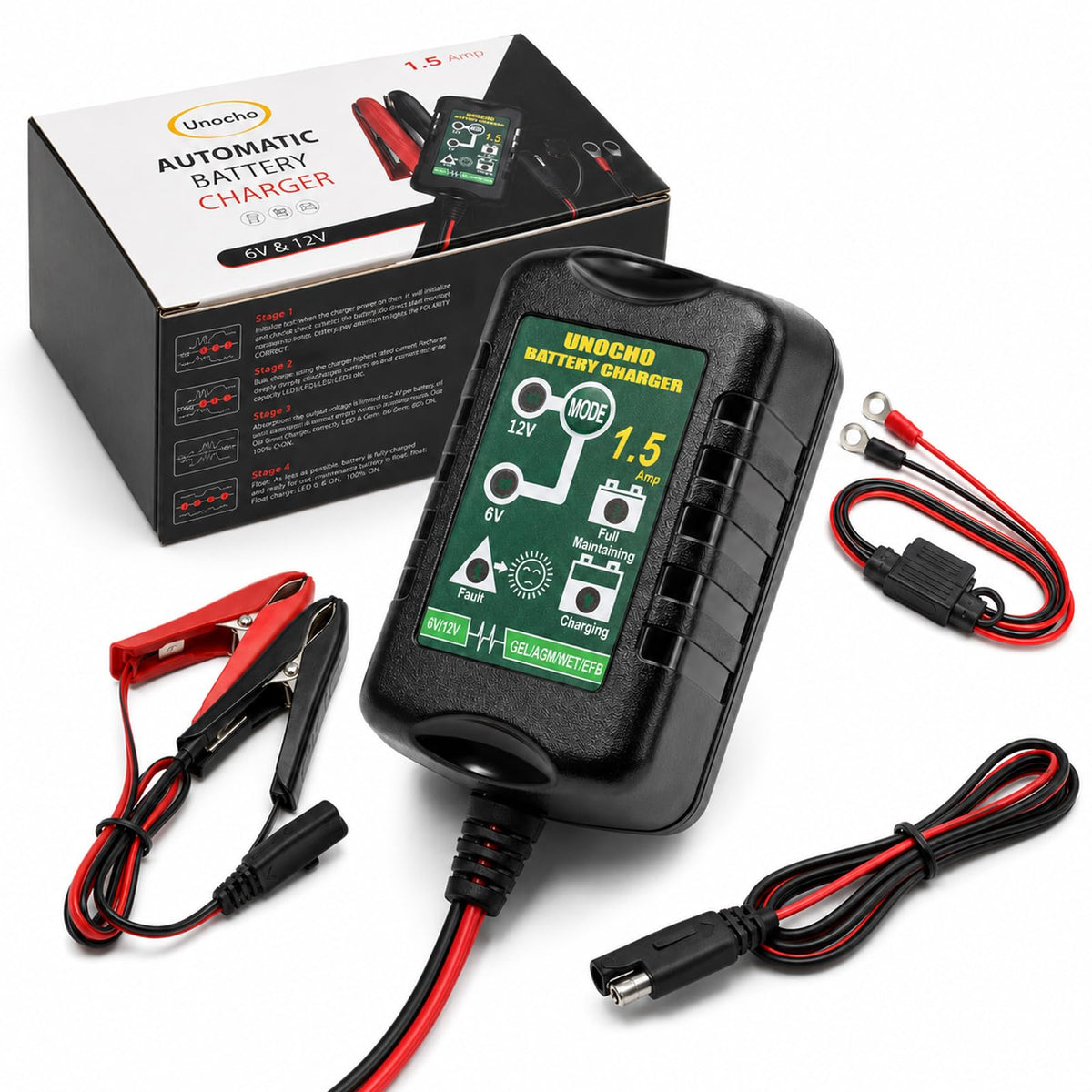 Unocho front view of charger showing compact housing and ports for easy storage