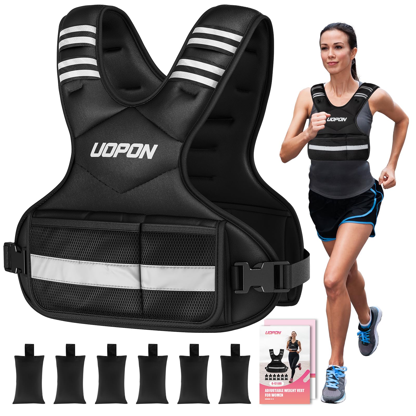 UOPON chaleco frontal mostrando ajuste y cortes ergonómicos para mayor estabilidad