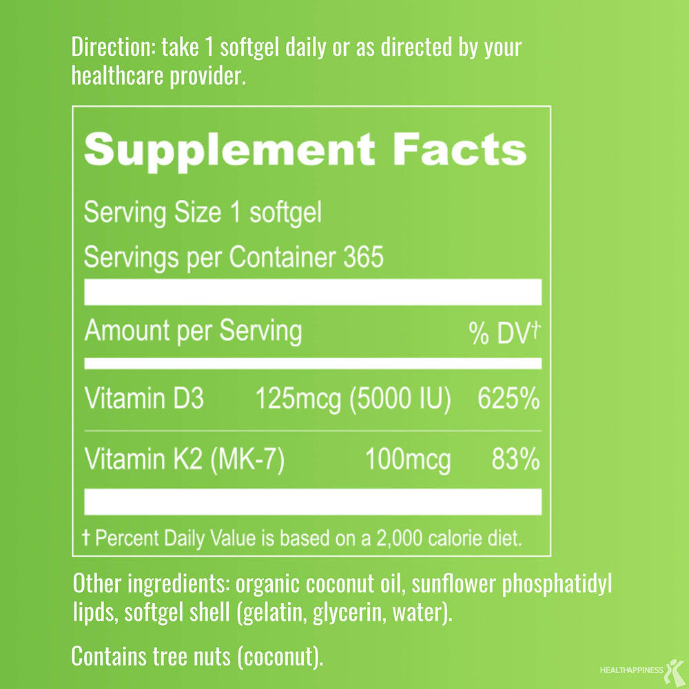 UpNourish etiqueta con información de D3 5000 IU y K2 MK‑7 100 mcg