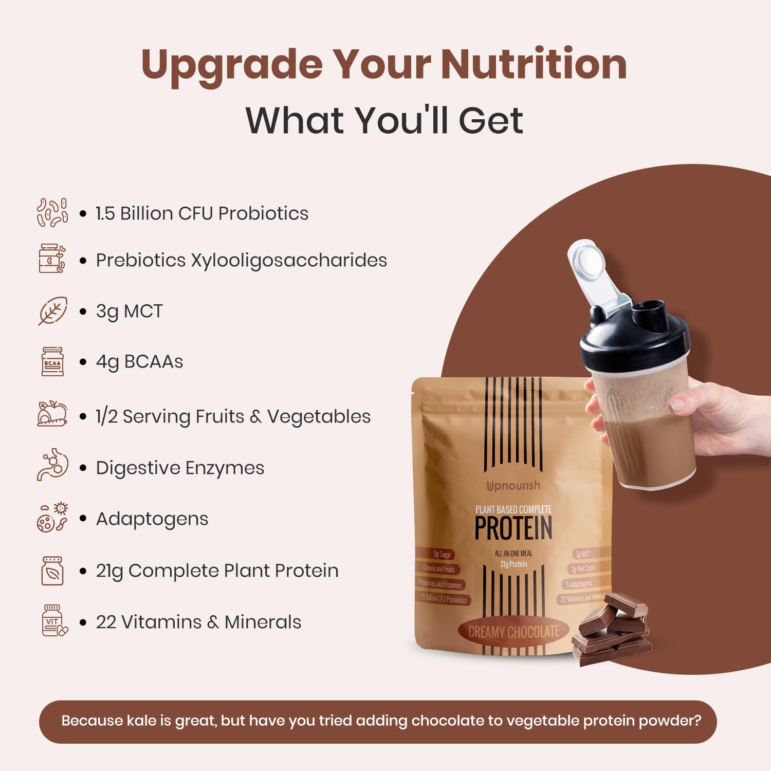 UpNourish etiqueta nutricional revela 21g proteína y probióticos