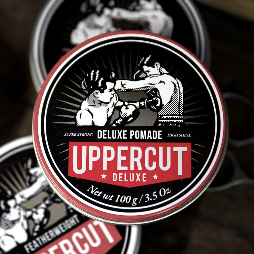 UPPERCUT DELUXE label closeup highlighting water-based, easy-wash benefit