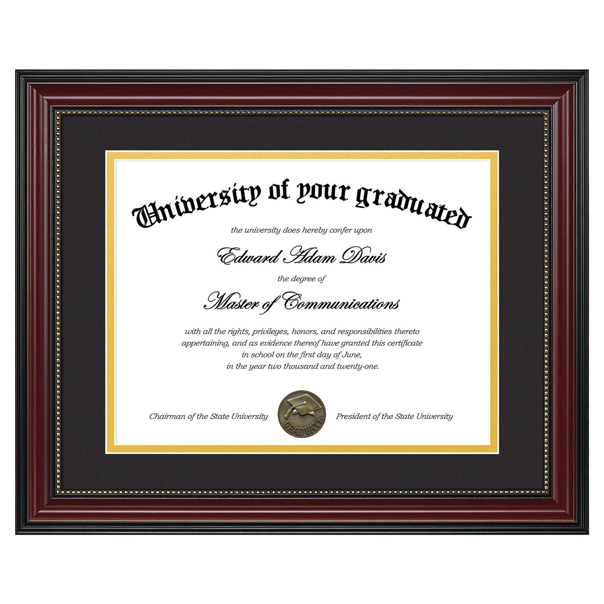 upsimples vista frontal del marco mostrando diploma elegantemente enmarcado y profesional