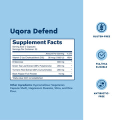 Uqora Defend etiqueta con información de ingredientes y beneficios clave