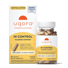 Uqora envase frontal mostrando 60 cápsulas y beneficios visibles