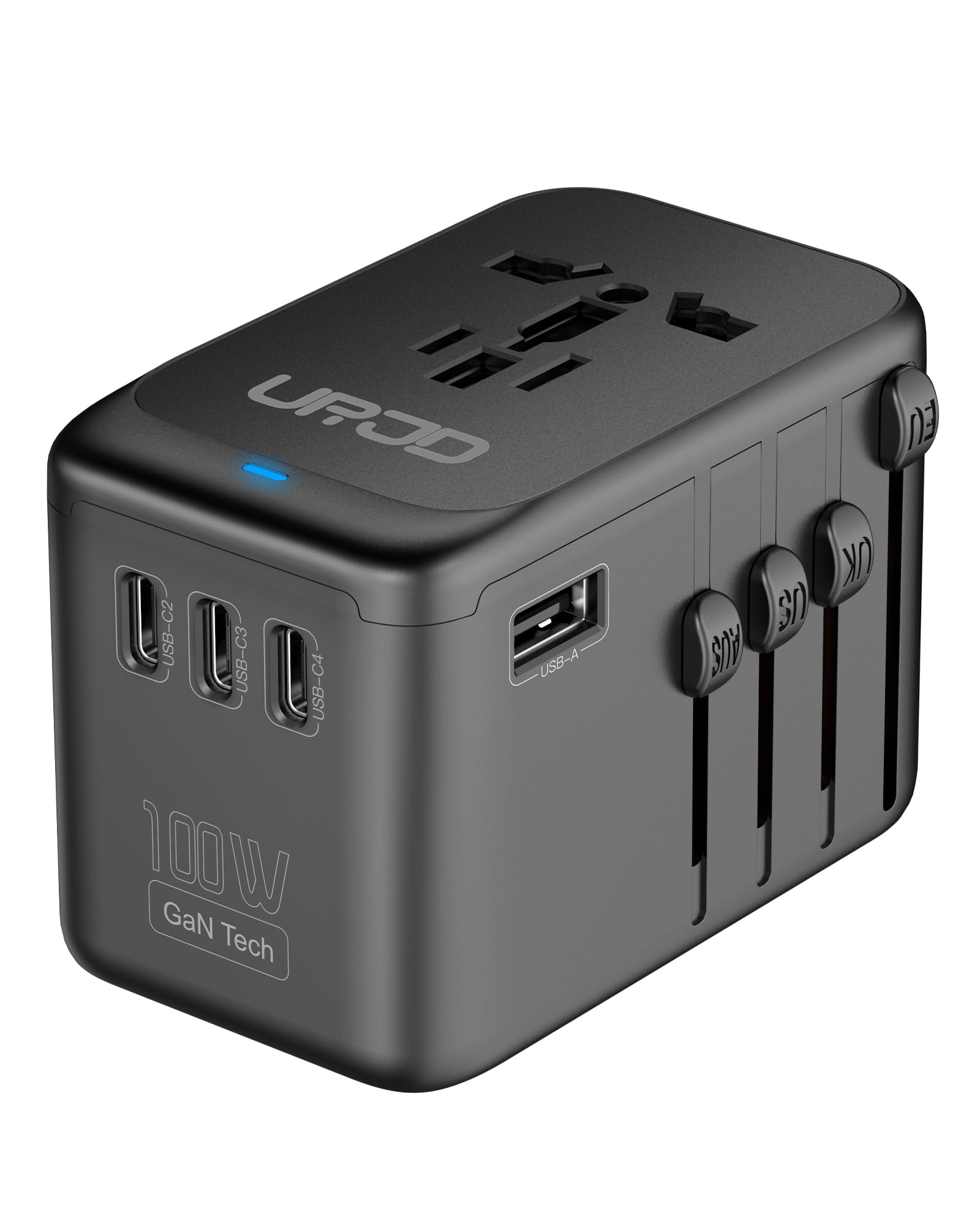 URJD adaptador de viaje frontal mostrando puertos y enchufe | carga rápida y portátil