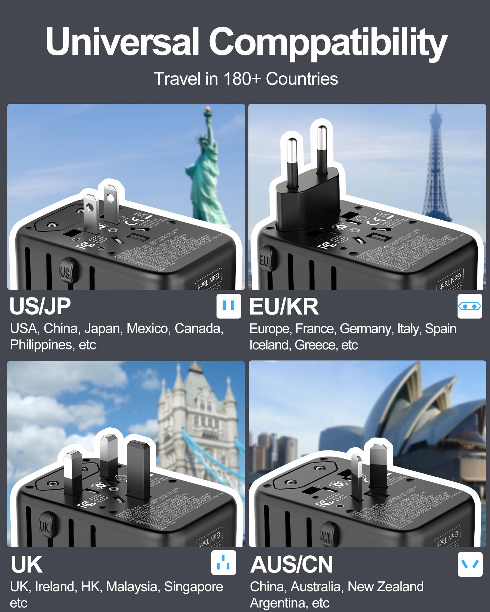 URJD adaptador en uso sobre mesa de hotel cargando laptop y teléfono | solución para viajeros