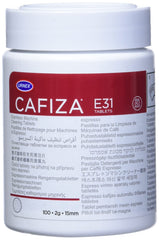Urnex Cafiza frasco frontal con 100 tabletas, embalaje claro y práctico