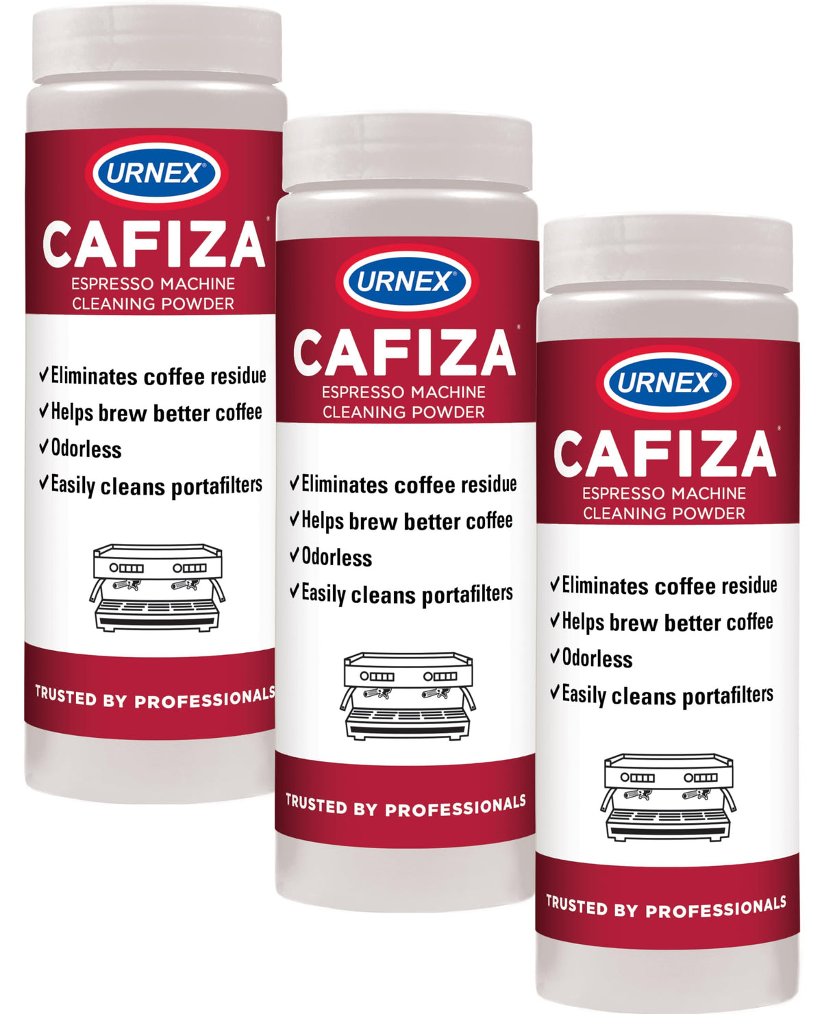 Urnex Cafiza envase frontal mostrando etiqueta y peso, limpieza profesional